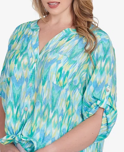 Ruby Rd. Plus Size Paradise Ikat Button Tie Front Top In Blue
