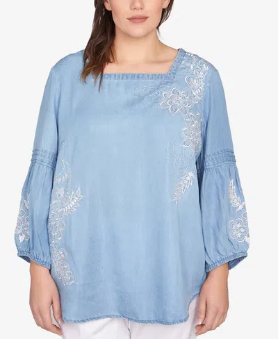 Ruby Rd. Plus Size Floral Embroidered Tencel Top In Blue