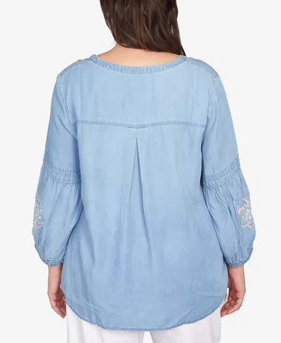 Ruby Rd. Plus Size Floral Embroidered Tencel Top In Blue
