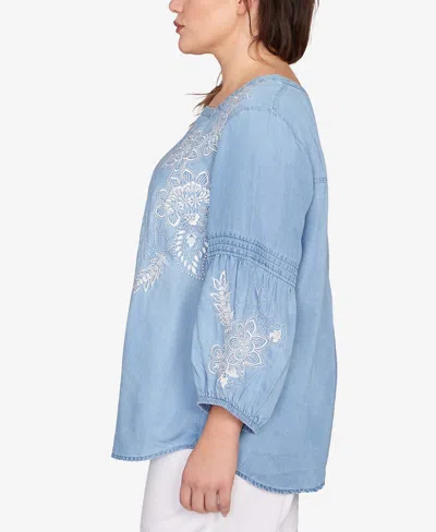 Ruby Rd. Plus Size Floral Embroidered Tencel Top In Blue