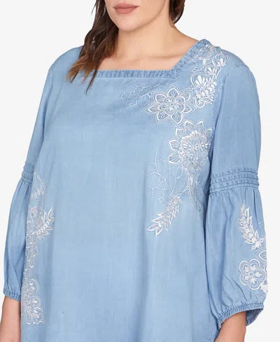 Ruby Rd. Plus Size Floral Embroidered Tencel Top In Blue