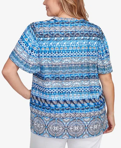 Ruby Rd. Plus Size Motif Stripe Embroidered Puff Print Top In Blue