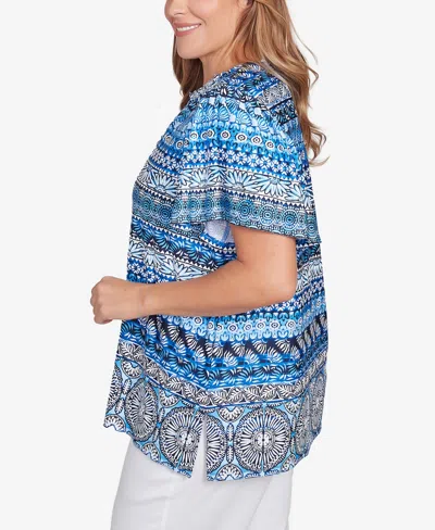 Ruby Rd. Plus Size Motif Stripe Embroidered Puff Print Top In Blue