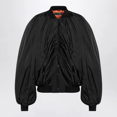 Balenciaga Black Bomber Draped Jacket With Elastic Rear Hem In Tech Fabric Woman