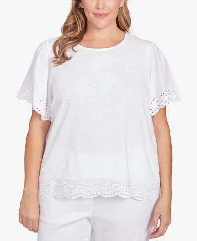 Ruby Rd. Plus Size Embroidered Sleeve Solid Top In White