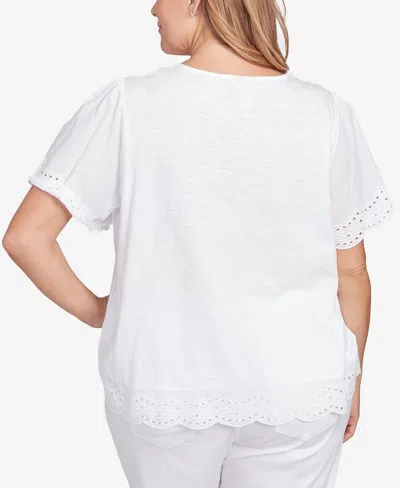 Ruby Rd. Plus Size Embroidered Sleeve Solid Top In White
