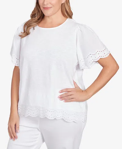 Ruby Rd. Plus Size Embroidered Sleeve Solid Top In White