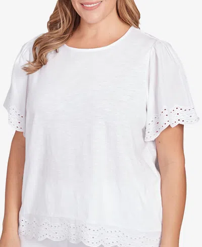 Ruby Rd. Plus Size Embroidered Sleeve Solid Top In White