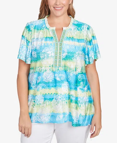 Ruby Rd. Plus Size Batik Embroidered Tie Dye Puff Print Top In Blue