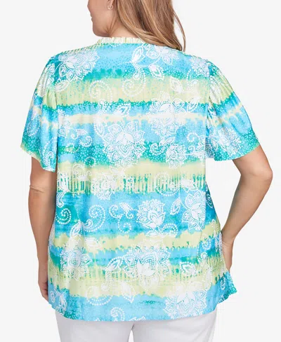Ruby Rd. Plus Size Batik Embroidered Tie Dye Puff Print Top In Blue