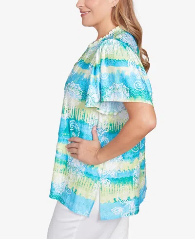 Ruby Rd. Plus Size Batik Embroidered Tie Dye Puff Print Top In Blue