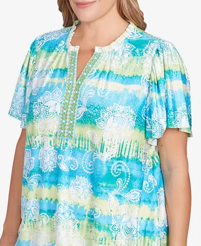 Ruby Rd. Plus Size Batik Embroidered Tie Dye Puff Print Top In Blue