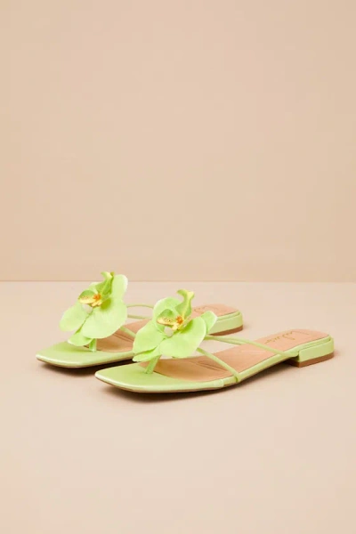 Lulus Florra Lime Green Satin Floral Applique Low Heel Slide Sandals In Multi