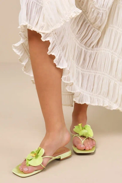 Lulus Florra Lime Green Satin Floral Applique Low Heel Slide Sandals In Multi