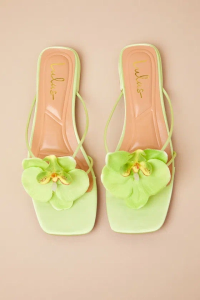 Lulus Florra Lime Green Satin Floral Applique Low Heel Slide Sandals In Multi