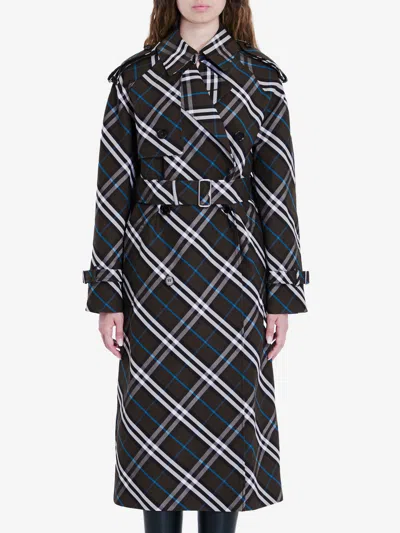 Burberry Green Oversized Double-breasted Trench Coat With Check Motif In Twill Woman In Green