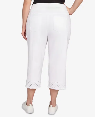 Ruby Rd. Plus Size Embroidered Hem Soft Stretch Denim Capri Pants In White