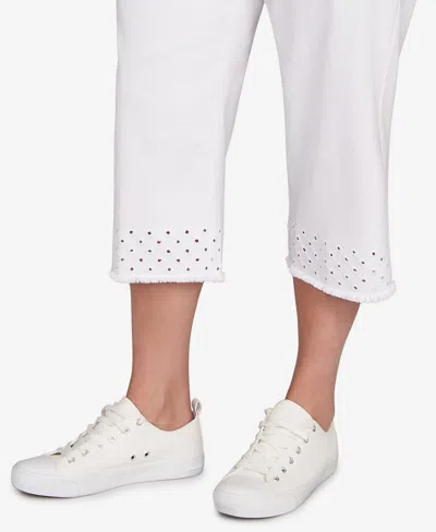 Ruby Rd. Plus Size Embroidered Hem Soft Stretch Denim Capri Pants In White