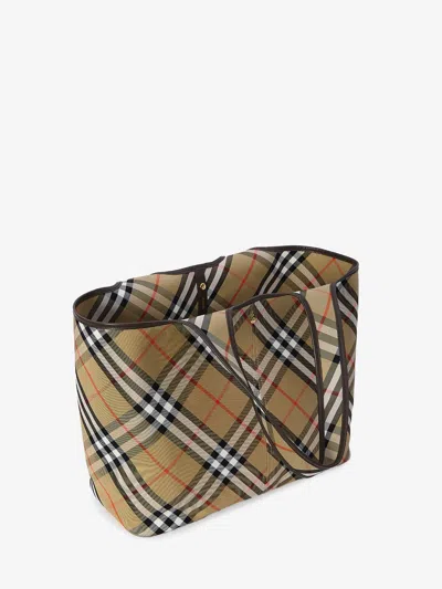 Burberry Medium Checkered Cotton Twill Tote With Leather Accents