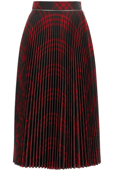 Burberry Pleated Check Midi Skirt In Red