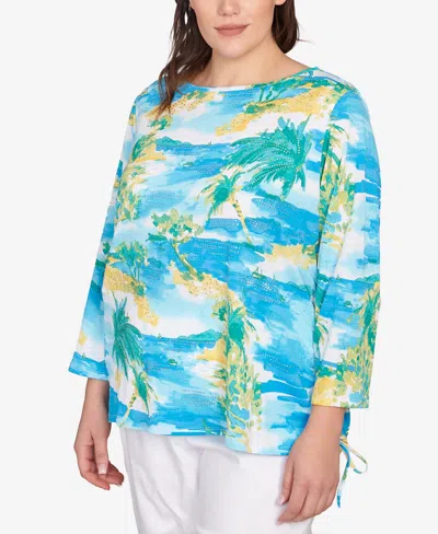 Ruby Rd. Plus Size Paradise Island Crinkle Knit Top In Blue