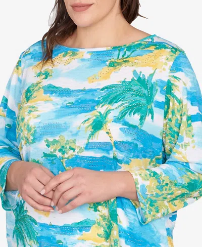 Ruby Rd. Plus Size Paradise Island Crinkle Knit Top In Blue