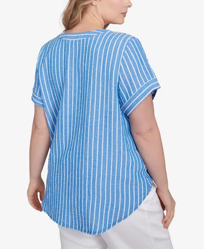 Ruby Rd. Plus Size Yarn Dye Stripe Embellished Tie Front Top In Blue