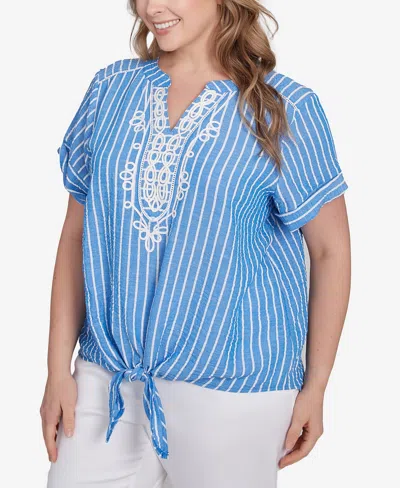 Ruby Rd. Plus Size Yarn Dye Stripe Embellished Tie Front Top In Blue
