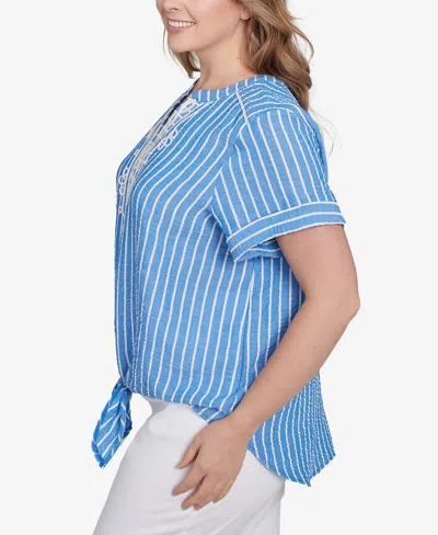 Ruby Rd. Plus Size Yarn Dye Stripe Embellished Tie Front Top In Blue