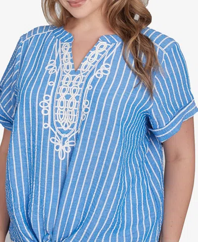 Ruby Rd. Plus Size Yarn Dye Stripe Embellished Tie Front Top In Blue
