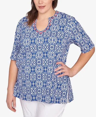 Ruby Rd. Plus Size Pacific Medallions Embellished Knit Top In Blue