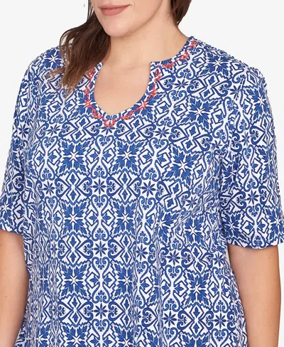 Ruby Rd. Plus Size Pacific Medallions Embellished Knit Top In Blue
