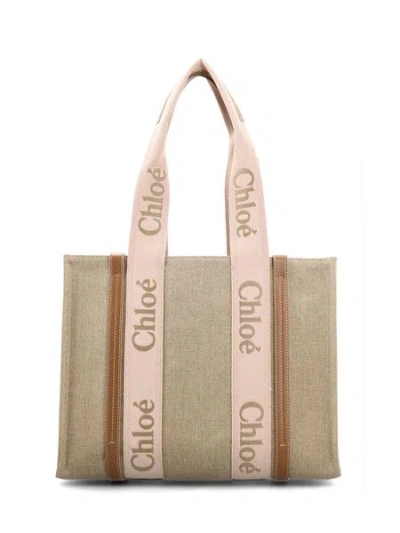 Chloé Multicolor Linen Medium Woody Shopping Bag