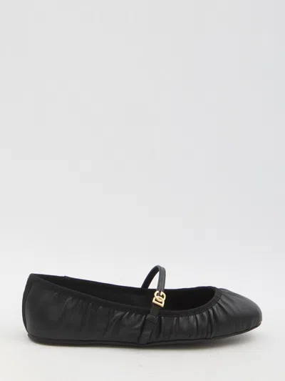 Dolce & Gabbana Black Ballerinas With Metallic Logo And Strap In Leather Woman