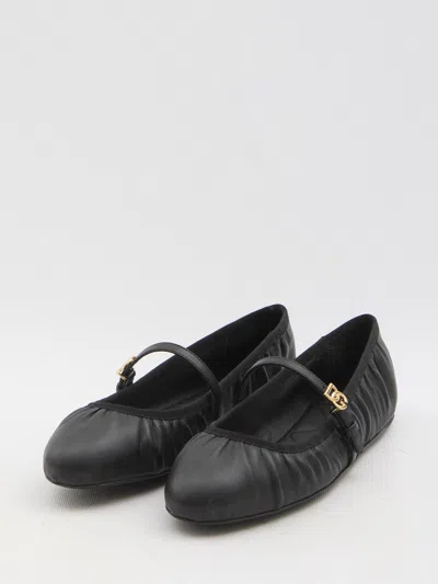 Dolce & Gabbana Black Ballerinas With Metallic Logo And Strap In Leather Woman