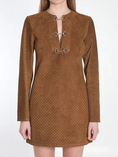 Gucci Brown Dress With Front Horsebit Details And All-over Gg Motif In Suede Woman In Brown