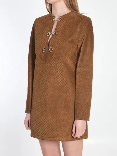Gucci Brown Dress With Front Horsebit Details And All-over Gg Motif In Suede Woman In Brown