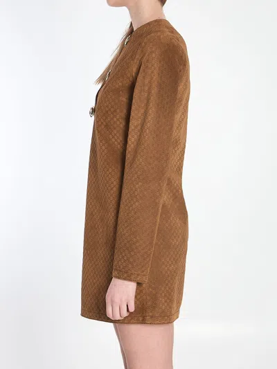 Gucci Brown Dress With Front Horsebit Details And All-over Gg Motif In Suede Woman In Brown