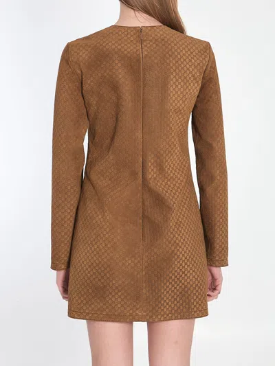 Gucci Brown Dress With Front Horsebit Details And All-over Gg Motif In Suede Woman In Brown