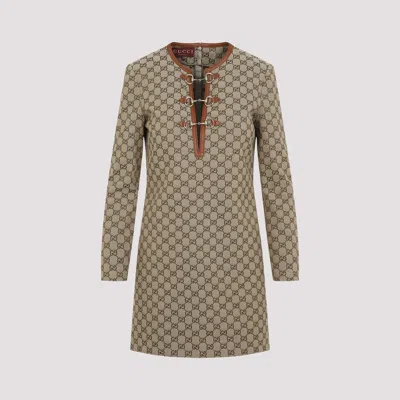 Gucci Beige Crewneck Mini Dress With Horsebit On The Front In Gg Canvas Woman