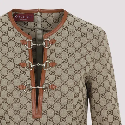 Gucci Beige Crewneck Mini Dress With Horsebit On The Front In Gg Canvas Woman