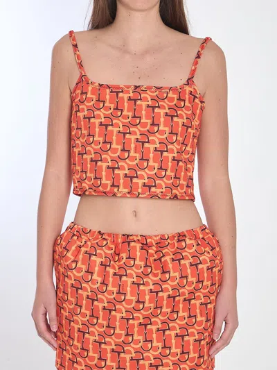Gucci Orange Top With Spaghetti Straps And All-over Horsebit Print In Cotton Woman