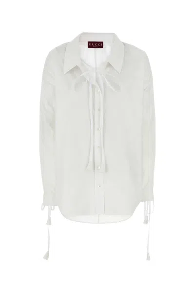 Gucci White Shirt With Pointed Collar With Tie Detail And Horsebit In Cotton Woman