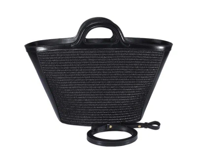 Marni Women Black Leather And Raffia Small Tropicalia Summer Handbag