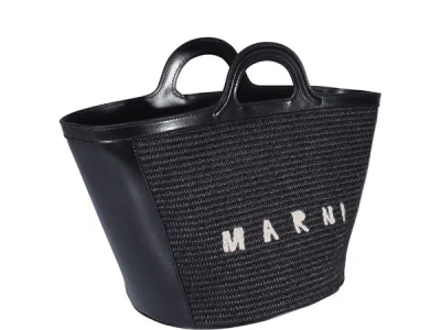 Marni Women Black Leather And Raffia Small Tropicalia Summer Handbag