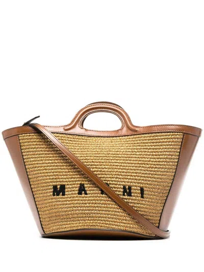 Marni Two-tone Leather And Raffia Small Tropicalia Summer Handbag In Brown