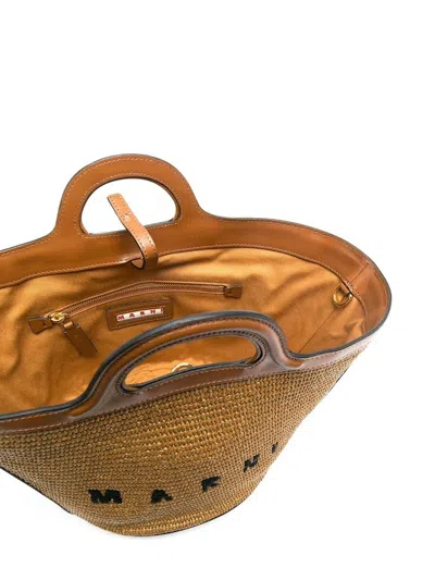 Marni Two-tone Leather And Raffia Small Tropicalia Summer Handbag In Brown