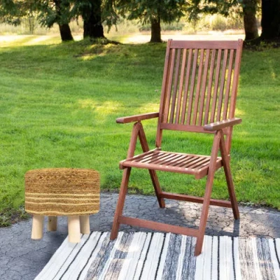 Northlight 15" Beige Braided Jute And Wood Handmade Three Legged Foot Stool