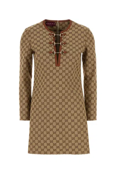 Gucci Beige Crewneck Mini Dress With Horsebit On The Front In Gg Canvas Woman