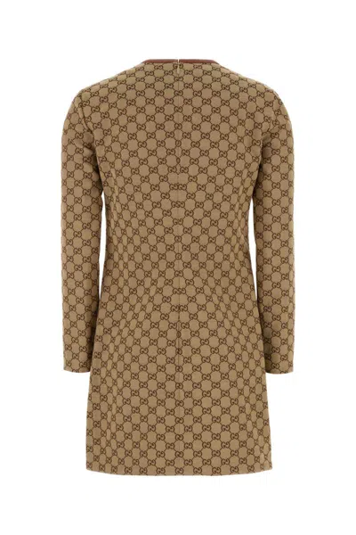 Gucci Beige Crewneck Mini Dress With Horsebit On The Front In Gg Canvas Woman